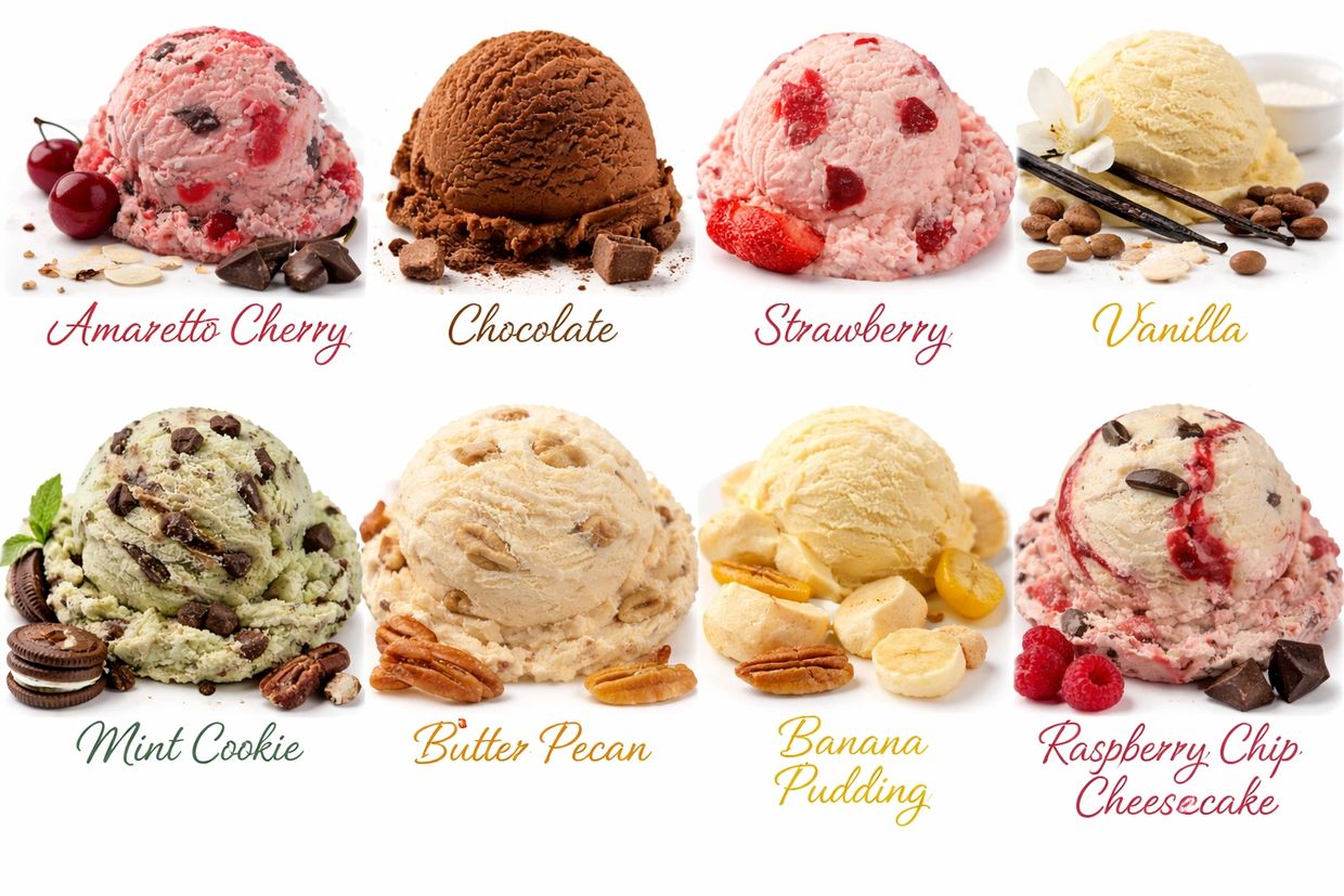 Eight colorful ice cream scoops with various flavors and toppings.