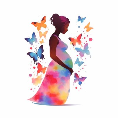 Colorful silhouette of a pregnant woman surrounded by butterflies.