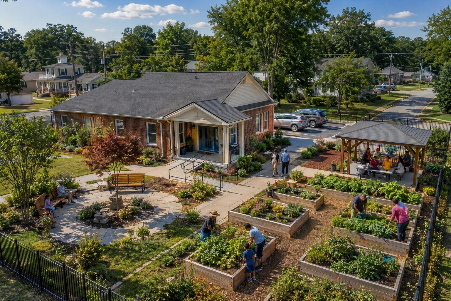 Community garden with raised beds and gathering areas.