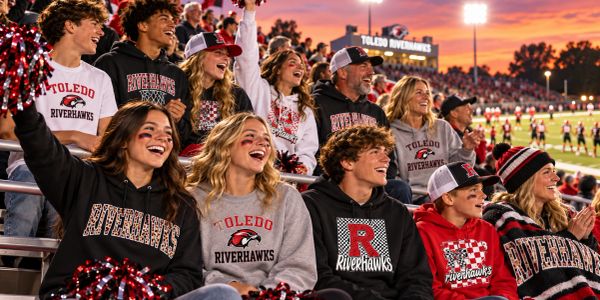 Excited Toledo Riverhawks fans cheer at a sunset football game.