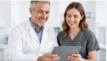 Doctor and nurse looking at tablet together.