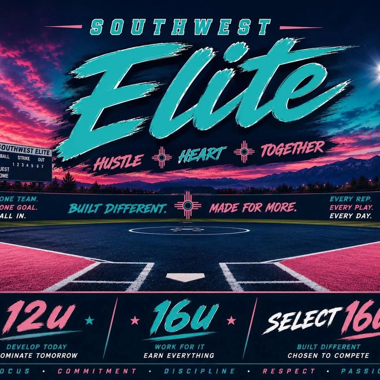 Baseball field backdrop with motivational words and team levels 12u, 16u, and Select 16u.