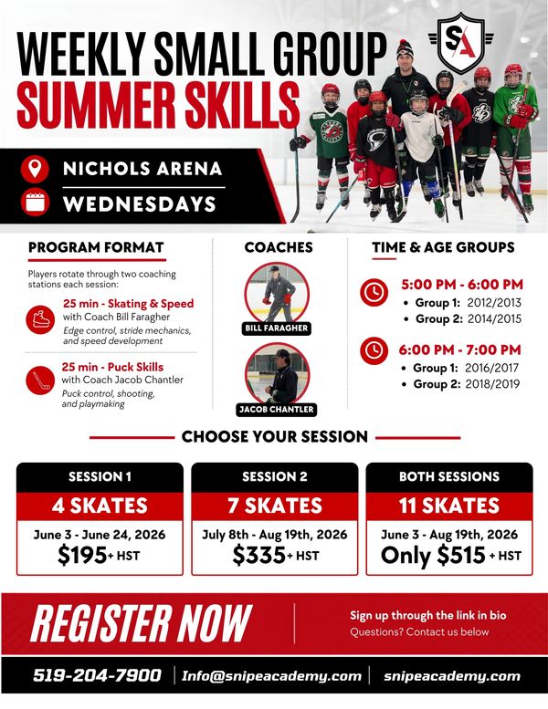 Weekly small group summer hockey skills sessions for youth at Nichols Arena on Wednesdays.