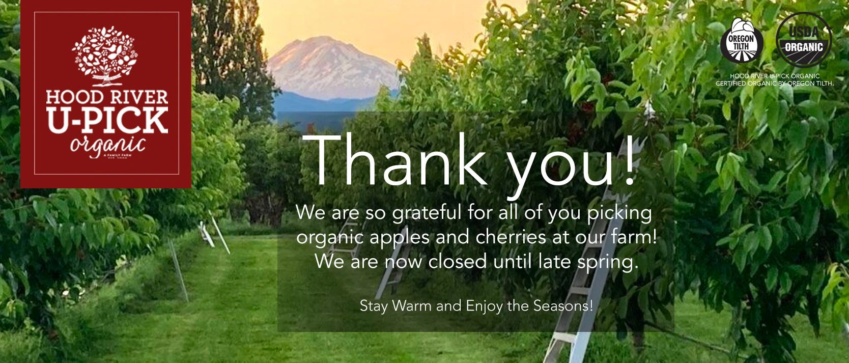 Hood River U-Pick Organic grows Organic cherries and Organic Apples. It's all U-Pick!