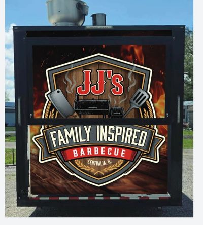 JJ's Family Inspired Barbecue food truck with cooking utensils logo.