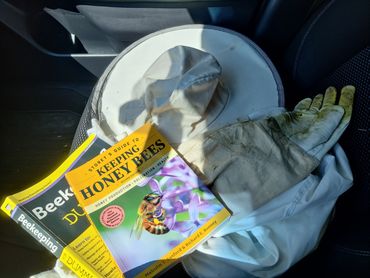 Beekeeping supplies: Veil, gloves, and two beekeeping books