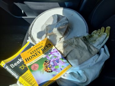 Beekeeping supplies: Veil, gloves, and two beekeeping books
