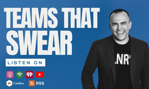 Promotional image for the podcast 'Teams That Swear' featuring a smiling man and listening platforms.