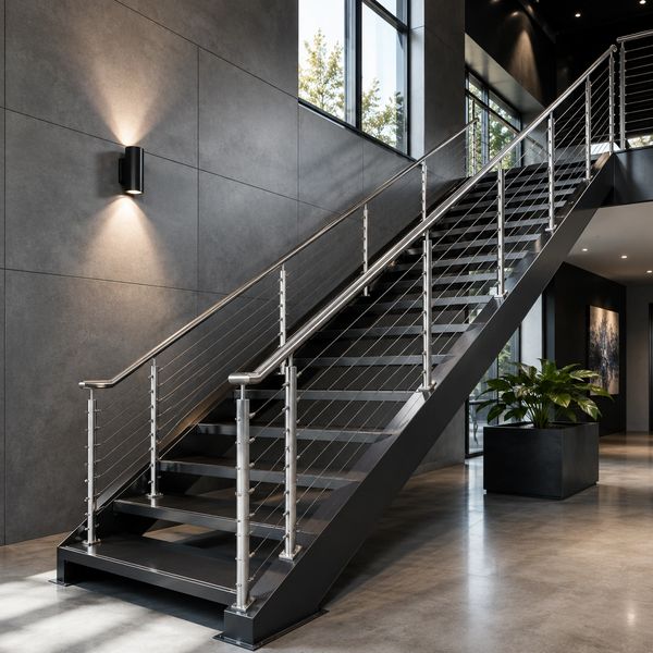 Modern metal staircase in a sleek interior.