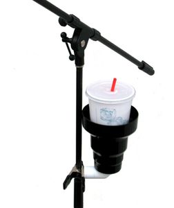 Clip On Cup Holder for microphone stand. Microphone Stand Cup Holder attachment holding large drink.  