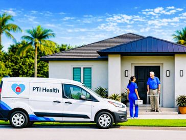 Healthcare worker assisting elderly man at home.