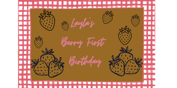 Birthday invitation with strawberries and pink text.