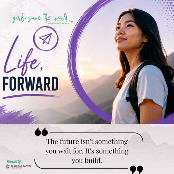 Motivational image of a young woman with a future-focused quote.