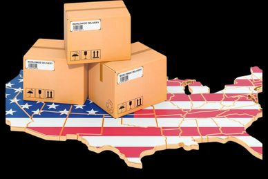 Three cardboard boxes labeled worldwide delivery on a U.S. map with an American flag design.