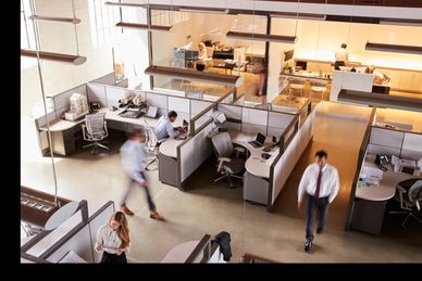 Busy office with employees working and moving around cubicles.