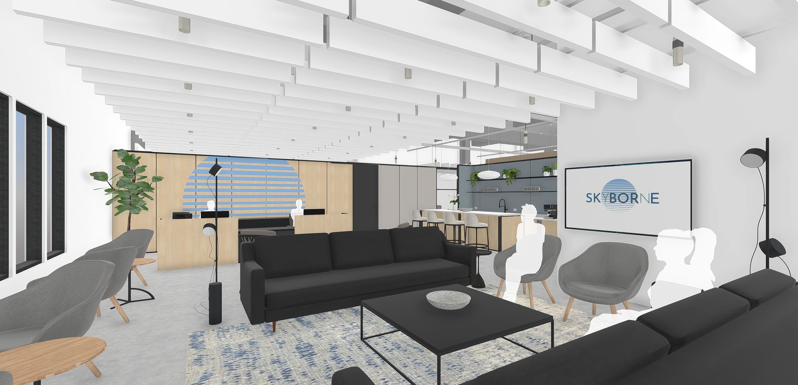 Modern office lobby with black sofas and gray chairs.