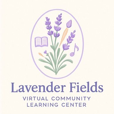 Logo for Lavender Fields Virtual Community Learning Center with lavender and educational icons.