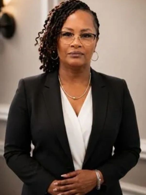 Professional woman in black blazer and glasses.
