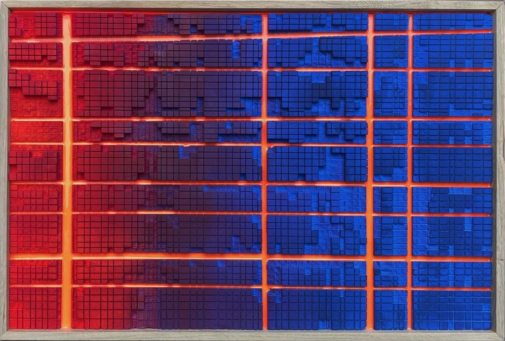 Abstract grid met rode en blauwe kleurverloop.