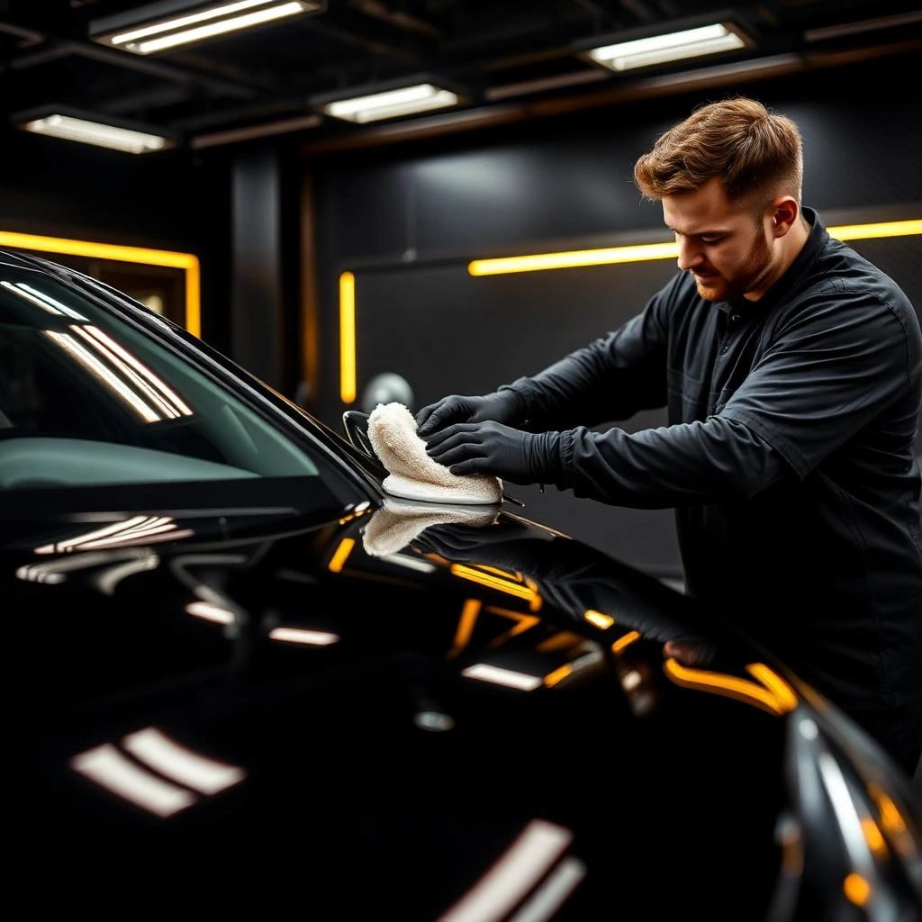 Man polishing a black car with a cloth in a modern garage.