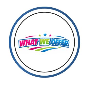 Colorful 'What We Offer' text in circular design.