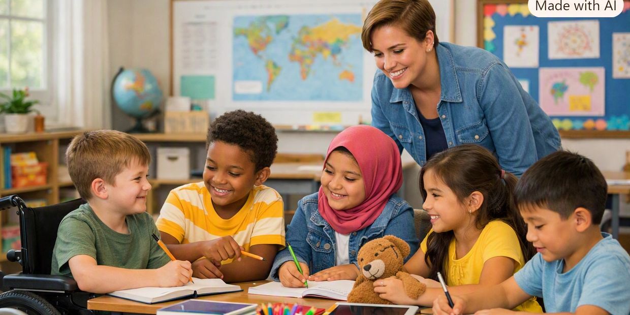 Occupational Therapist helping diverse children with schoolwork.