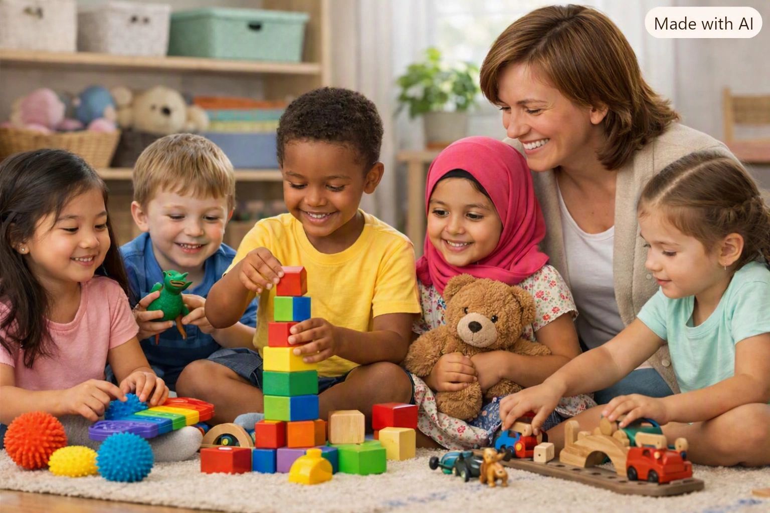 Children playing with toys and blocks, smiling with a therapist.