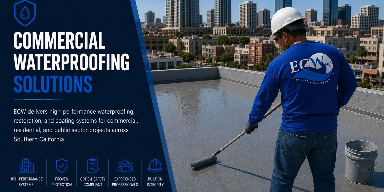 Worker applying waterproof coating on commercial rooftop with city skyline in background.