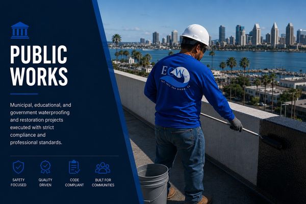 Worker applying waterproofing on a rooftop with city skyline in background.
