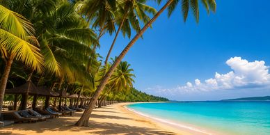Sunny tropical beach with palm trees and clear blue water.