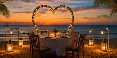 Romantic sunset dinner setup on the beach with heart-shaped lights.