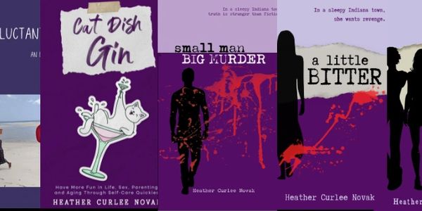 Four book covers written by Heather Curlee Novak in bright red and purple colors