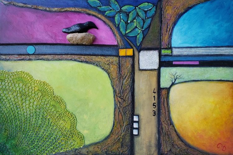"4153 Crows Nest" (36" x 24" x 1.5") Mixed-media assemblage on canvas.