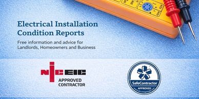 Electrical Installation Condition Reports with contractor approval logos and a multimeter.