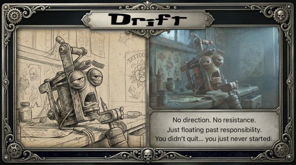 A melancholic tattoo machine character reflecting on drifting through life without direction.