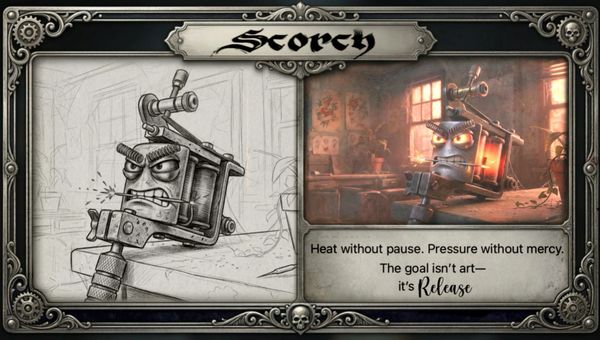 Steampunk-inspired angry mechanical character named Scorch with a fierce expression.