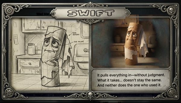 Animated character Swift, a used paper towel roll, looks sad with torn parts in a kitchen.