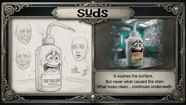 Animated tattoo soap bottle with expressive face and thoughtful sketches.