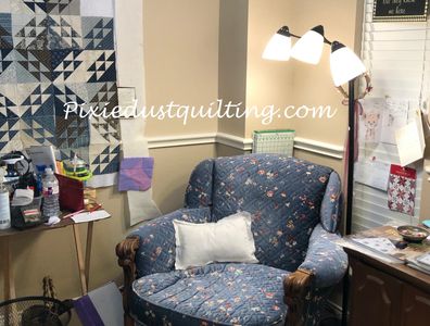 Long arm quilting store / shop interior Blue moda regency quilt.  Discounts available