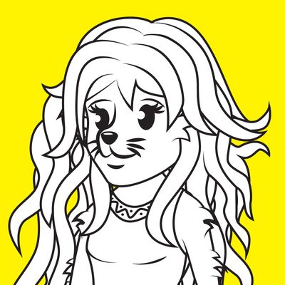 Black and white cartoon of a cat girl with long hair on yellow background.