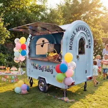 A colorful mobile beverage bar at an outdoor event.