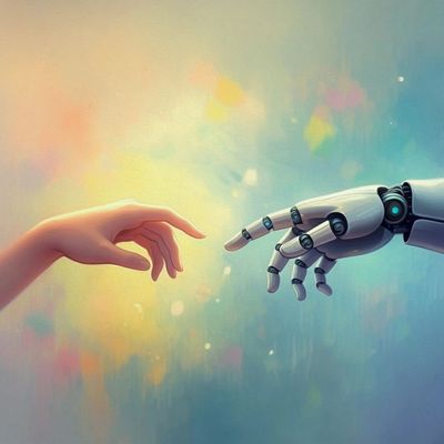 Alt text: pastel graded background. a human hand is reaching out from the left toward a robot hand