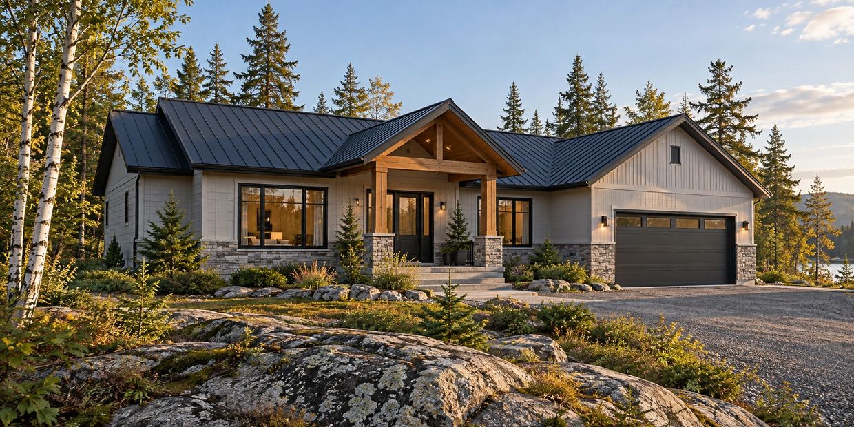 Illustrative 3D exterior rendering of a bungalow in a wooded Northwestern Ontario setting. AI-genera