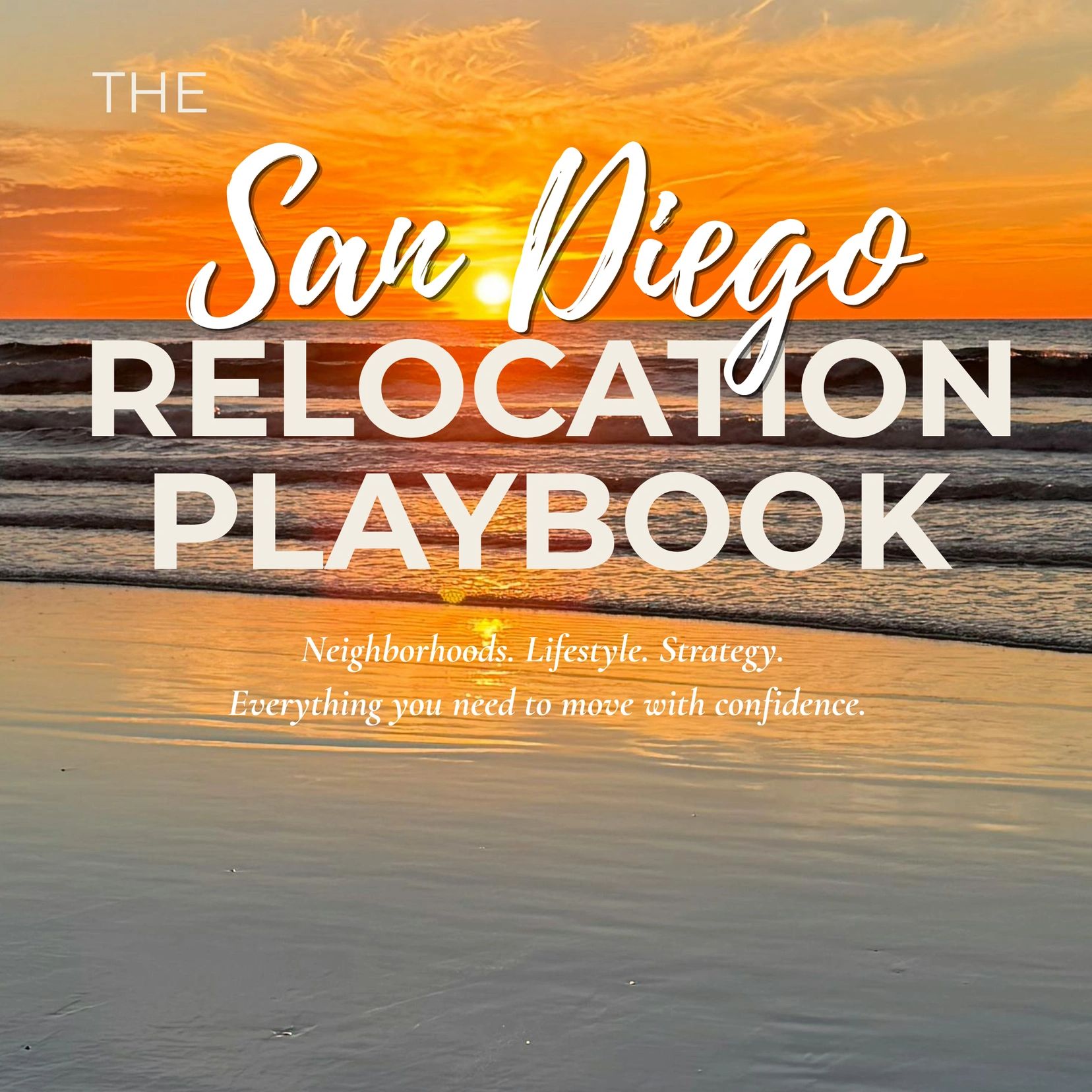 Sunset over the ocean with text about San Diego relocation guide.