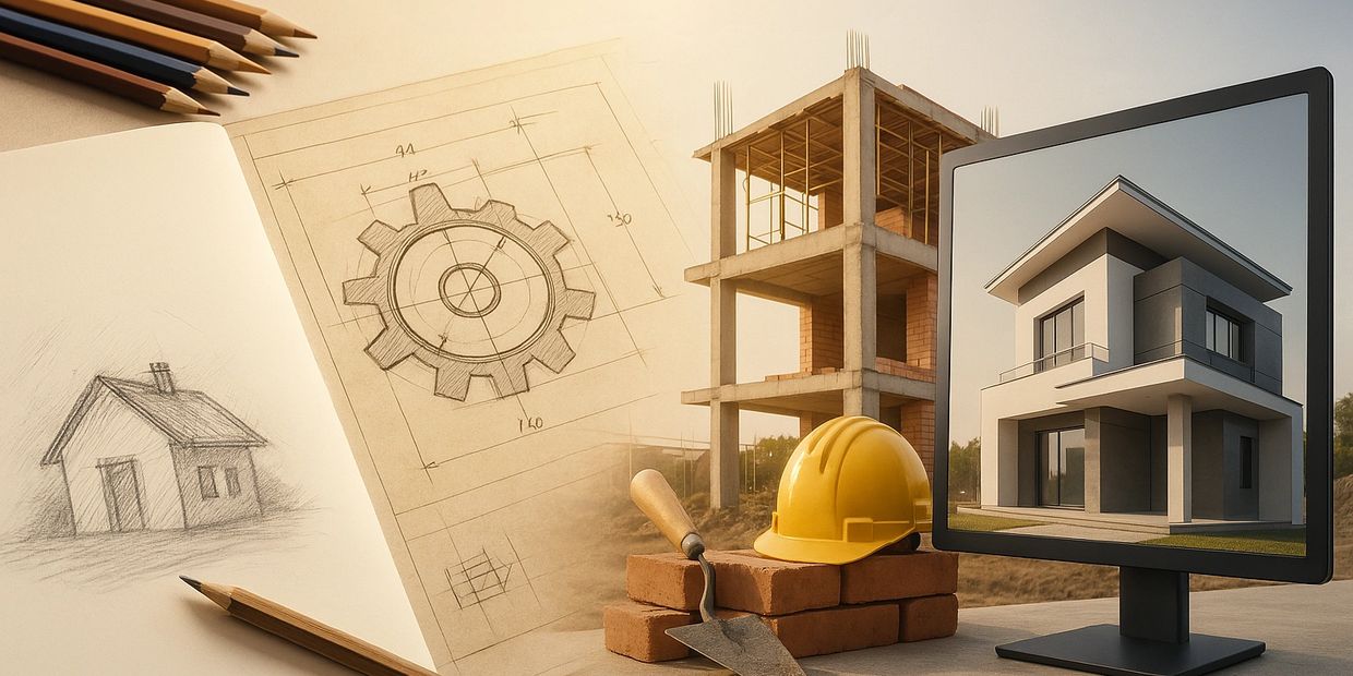 Architectural sketches, construction site, and digital house design on a monitor.