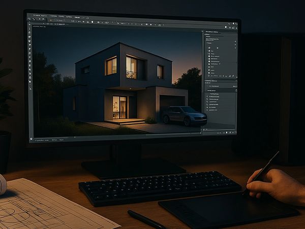 A person designs a modern house on a computer at night.