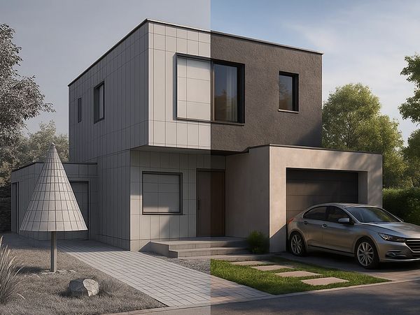 Half-rendered modern house with a sleek car parked outside.