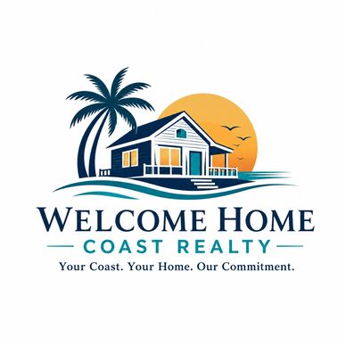 Logo of Welcome Home Coast Realty with a house, palm tree, and sunset.