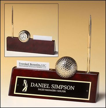 Goldtone Metal Golf Ball Clock on Rosewood Piano-Finish Nameplate with Business Card Holder and Pen