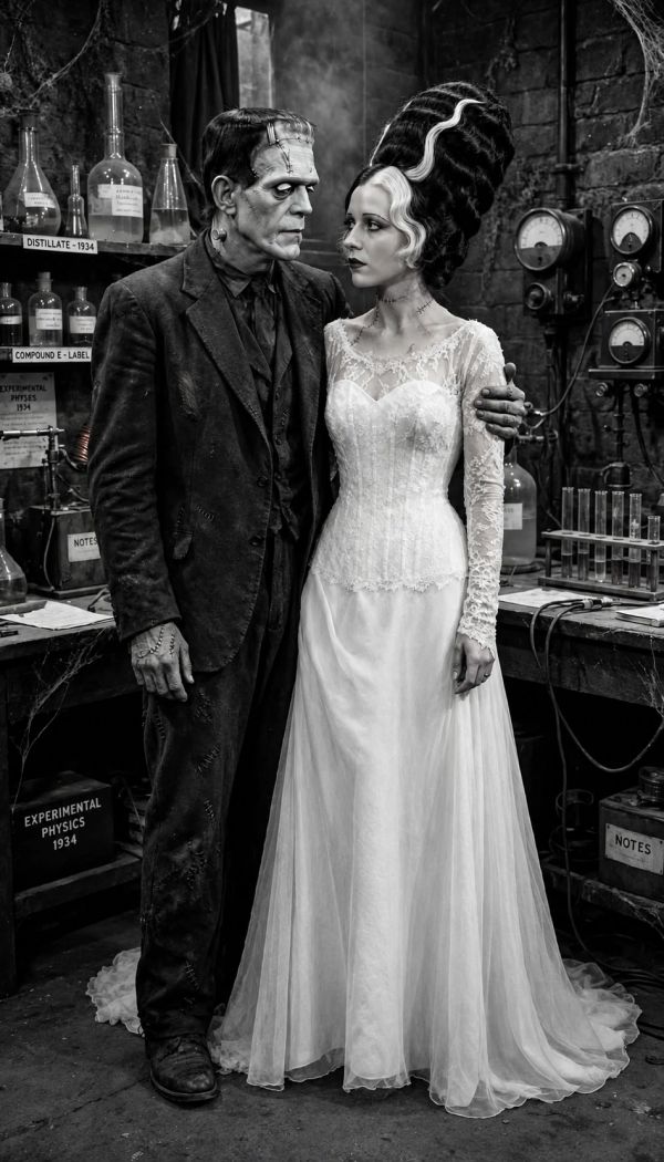 Classic Frankenstein and Bride in a lab setting.